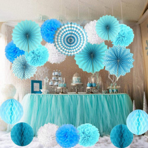 Set de 15 decoratiuni pentru petrecere Jahemu, hartie, albastru/alb, 20 cm / 25 cm / 30 cm / 40 cm