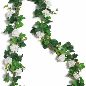 Set de 2 ghirlande de trandafiri artificiali Anforsun, plastic/matase, alb/verde, 1,7 m