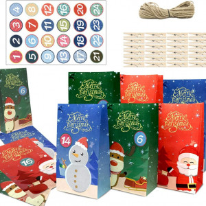 Set de 24 pungi cu autocolante si clips pentru calendar de Advent WEYON, hartie/lemn/textil, multicolor, 15 x 9 x 27 cm