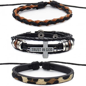 Set de 3 bratari Mostop, piele/textil/metal, maro/negru/argintiu