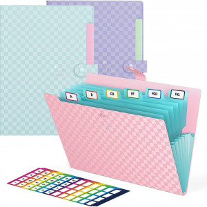 Set de 3 organizatoare cu 7 buzunare tip acordeon si 48 etichete Abc, plastic/hartie, mov/roz/albastru, 32,5 x 24,3 cm