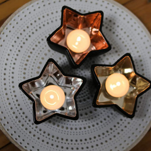 Set de 3 suporturi pentru lumanari stele Flanacom, sticla, auriu/argintiu/bronz, 7,5 x 7,5 x 4