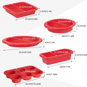 Set de 5 forme pentru copt cu spatula si pensula PARMEDU, silicon, rosu