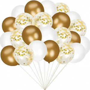 Set de 60 baloane cu confetti Colmanda, alb/auriu, latex, 30 cm