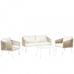 Set de mobilier pentru gradina Malo, 2 fotolii, canapea si o masa, aluminiu/sticla/poliester, alb/bej deschis