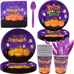 Set de vase cu tacamuri pentru Halloween Simyron, pentru 10 persoane, plastic/hartie, multicolor, 86 piese