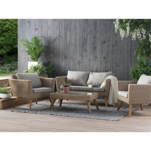 Set lounge Elbeni, lemn masiv/ratan, gri/taupe