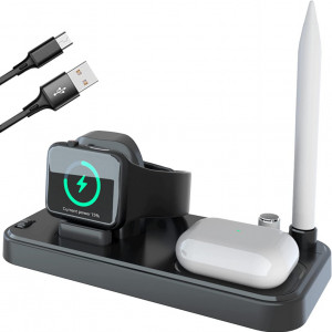 Statie de incarcare wireless 3-în-1 pentru Apple Watch Airpods Pencil AiteFeir, USB, silicon, gri/alb,10 X 6,6 X 7,8 cm