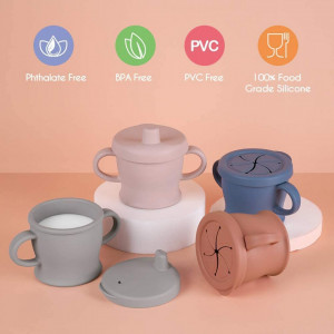 Cana pentru bebelusi 6 luni+ cu doua capace Haakaa, silicon, gri, 250 ml, 15,4 x 11 cm