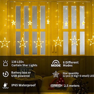 Cortina de lumini cu 138 LED-uri si 12 stele DANGZW, alb cald, USB, baterie, 2,5 m