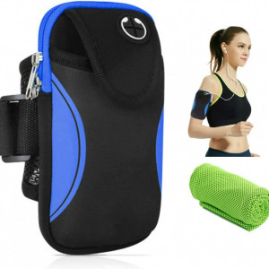 Geanta sport pentru brat MOLIWEN, textil, negru/albastru, 9,5 x 18 x 2 cm