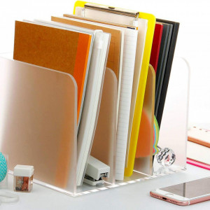 Organizator de birou cu 3 compartimente SANRUI, acrilic, alb, 16,5 x 18,2 x 21,5 cm