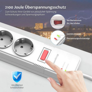 Prelungitor cu 4 prize de siguranta IEcopower, control comutator, indicator luminos, ABS, 16 A, alb, 1,5 m