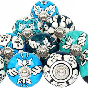 Set de 10 manere pentru dulapuri/sertare Handicraft India, ceramica, albastru/alb, 38 x 50 mm