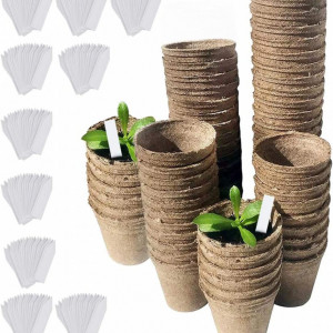Set de 100 ghivece si 100 etichete pentru rasaduri DECARETA, plastic/turba, alb/maro, 8 x 8 cm