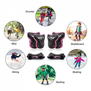 Set de 2 genunchiere, 2 cotiere si 2 protectii pentru incheietura LUCTHY, PVC, negru/roz