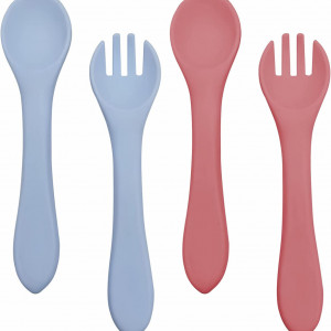 Set de 2 linguri si 2 furculite pentru bebelusi Btrfe, silicon, roz/albastru