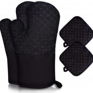 Set de 2 manusi cu 2 perne pentru bucatarie SerDa-Run, negru, silicon, 31 x 17 cm / 17,5 x 17,5 cm