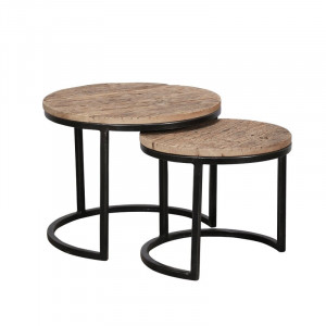 Set de 2 mese laterale Edinger, lemn masiv/metal, negru/natur