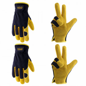 Set de 2 perechi de manusi pentru gradinarit FACELANDY, piele, negru/galben, XXL