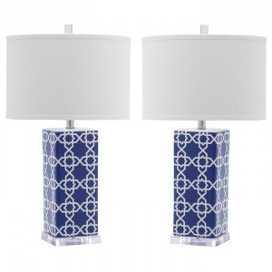 Set de 2 veioze Kimberly, ceramica/ bumbac, alb/albastru, 68,58 x 38 x 38 cm