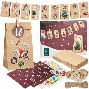 Set de 24 pungi cu autocolante si clipsuri pentru Craciun LIVAIA, hartie, multicolor, 18 x 5, 4 x 8, 9 cm