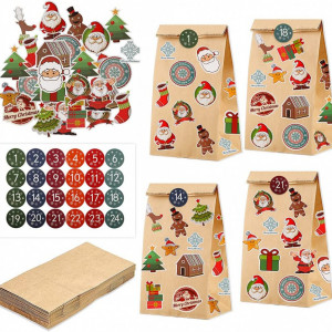 Set de 24 pungi si 124 stickere pentru calendarul de advent Tenwo, hartie/PVC, multicolor, 13 x 8 x 21,5 cm