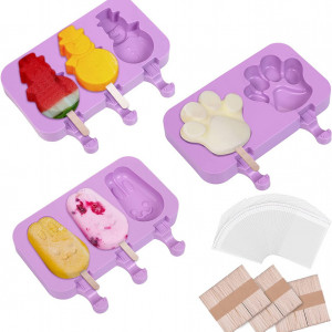 Set de 3 forme pentru inghetata cu 150 betisoare si 50 pungi Yiscase, silicon, violet, 37,6 cm