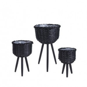 Set de 3 ghivece de flori Karll, ratan/ lemn, negru