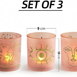Set de 3 suporturi pentru lumanari Mj Premier, sticla, roz/auriu, 10 x 9 cm