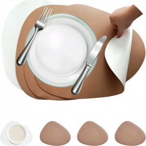 Set de 4 naproane si 4 coastere WOOKIT, PVC, kaki/alb, 41x 34 cm / 11 x 13 cm