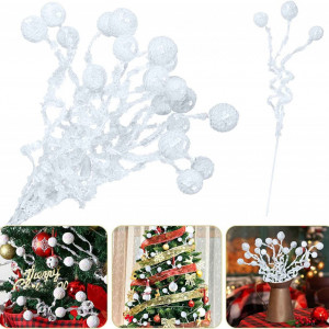 Set de 6 ramuri cu boabe pentru ornamente Home, alb, plastic/fier, 38 cm