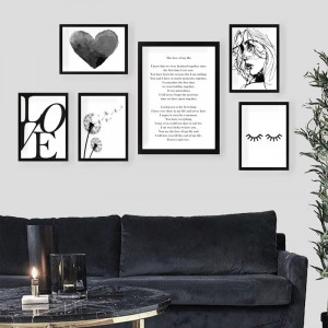 Set de 6 tablouri Anonymous, lemn, gri/negru