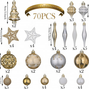 Set de 70 decoratiuni pentru bradul de Craciun Valery Madelyn, plastic, alb/auriu, 3-9 cm