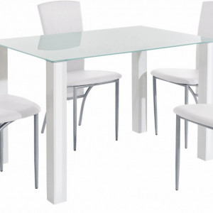 Set de living Norma/Nicole 4 scaune piele sintetica + 1 masa cu blat de sticla, alba, 120 x 80 x 76 cm