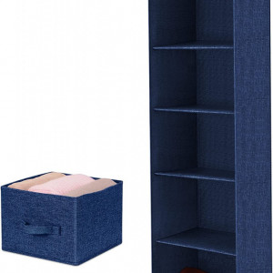 Set de organizator de haine cu 5 nivele si sertar de depozitare Tigerkinwit, bumbac/PP, albastru, 26 x 27 x 98 cm / 25,5 x 26,5 x 17cm