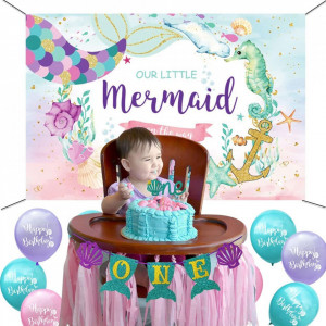 Set de petrecere cu banner si 12 baloane KungFu Mall, poliester/latex, sirena, multicolor, 120 x 80 cm / 30 cm