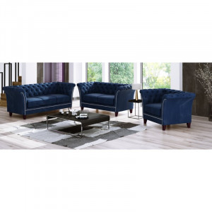 Set living 2 canapele si 1 fotoliu Legault, lemn masiv, albastru