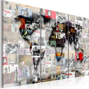 Tablou 'Modern World's Map', 3 piese, panza, multicolor, 80 x 120 cm