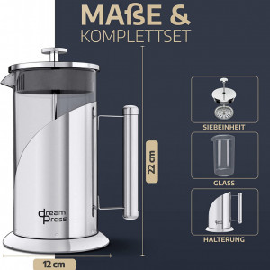 Cafetiera cu filtru Dream Press, sticla borosilicata/otel inoxidabil, argintiu, 12 x 22 cm