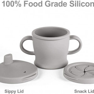 Cana pentru bebelusi 6 luni+ cu doua capace Haakaa, silicon, gri, 250 ml, 15,4 x 11 cm
