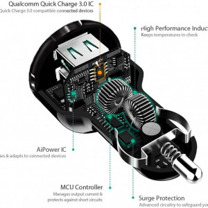 Incarcator auto CYchen, 2 porturi USB 3.0/3.1A, LED, negru, 7,8 x 3,2 cm
