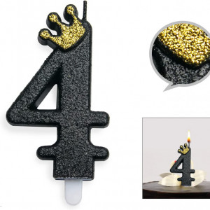 Lumanare pentru tort PARTY GO, cifra 4, ceara, negru/auriu, 9 cm