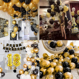 Set aniversar pentru 18 ani HJHL, alb/negru/auriu, folie/latex, 36 piese