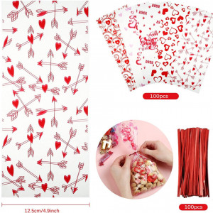 Set de 100 pungi pentru dulciuri Kesote, platic, transparent/rosu, 27,5 x 12,5 cm