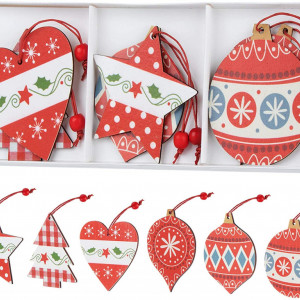 Set de 12 ornamente pentru brad Agoer, lemn, multicolor, 8-9 cm