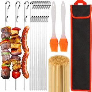 Set de 12 piese metalice 100 de bambus si 2 pensule pentru frigarui HOTSAN, metal/silicon/lemn, argintiu/natur