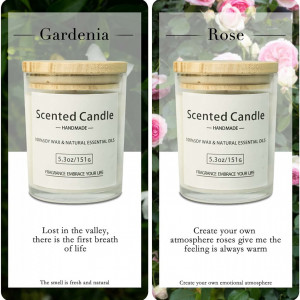 Set de 2 lumanari parfumate, ceara de soia/sticla, alb, trandafir/gardenia, 170 g, 40 ore, 7 x 9,2 cm