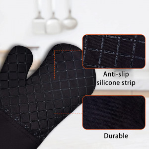 Set de 2 manusi cu 2 perne pentru bucatarie SerDa-Run, negru, silicon, 31 x 17 cm / 17,5 x 17,5 cm