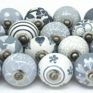 Set de 20 manere pentru dulapuri/sertare Handicraft India, ceramica, gri/alb, 38 x 50 mm